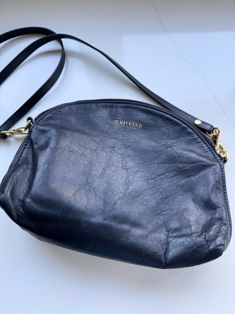 R.RiveterMinimal Leather Dome Crossbody Bag in Black - Picture 3 of 7